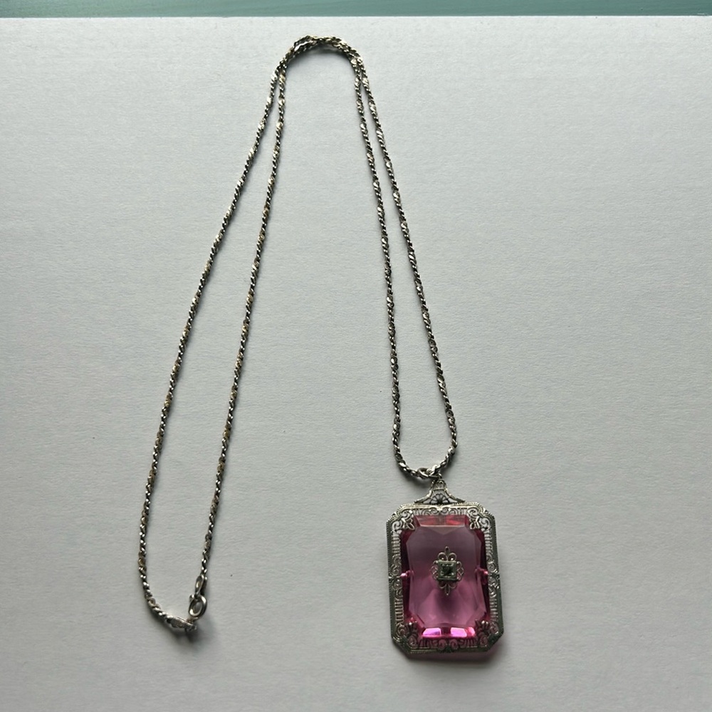 Vintage 1930s pink crystal sterling silver filigree necklace